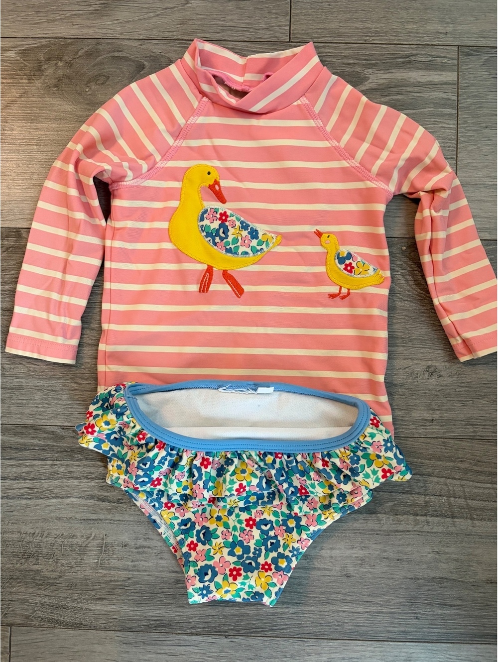 Mini Boden Duck Rash Guard Swim Set — Pink/White Stripe, 9-12 Months